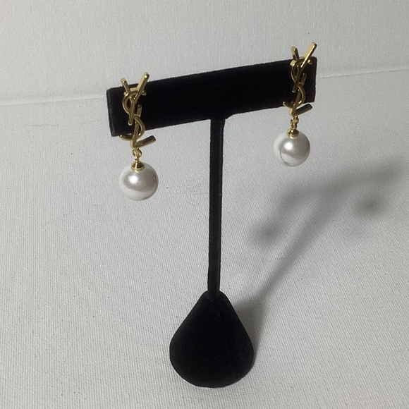 YSL Gold and Pearl Logo Earrings - Picture 1 of 2